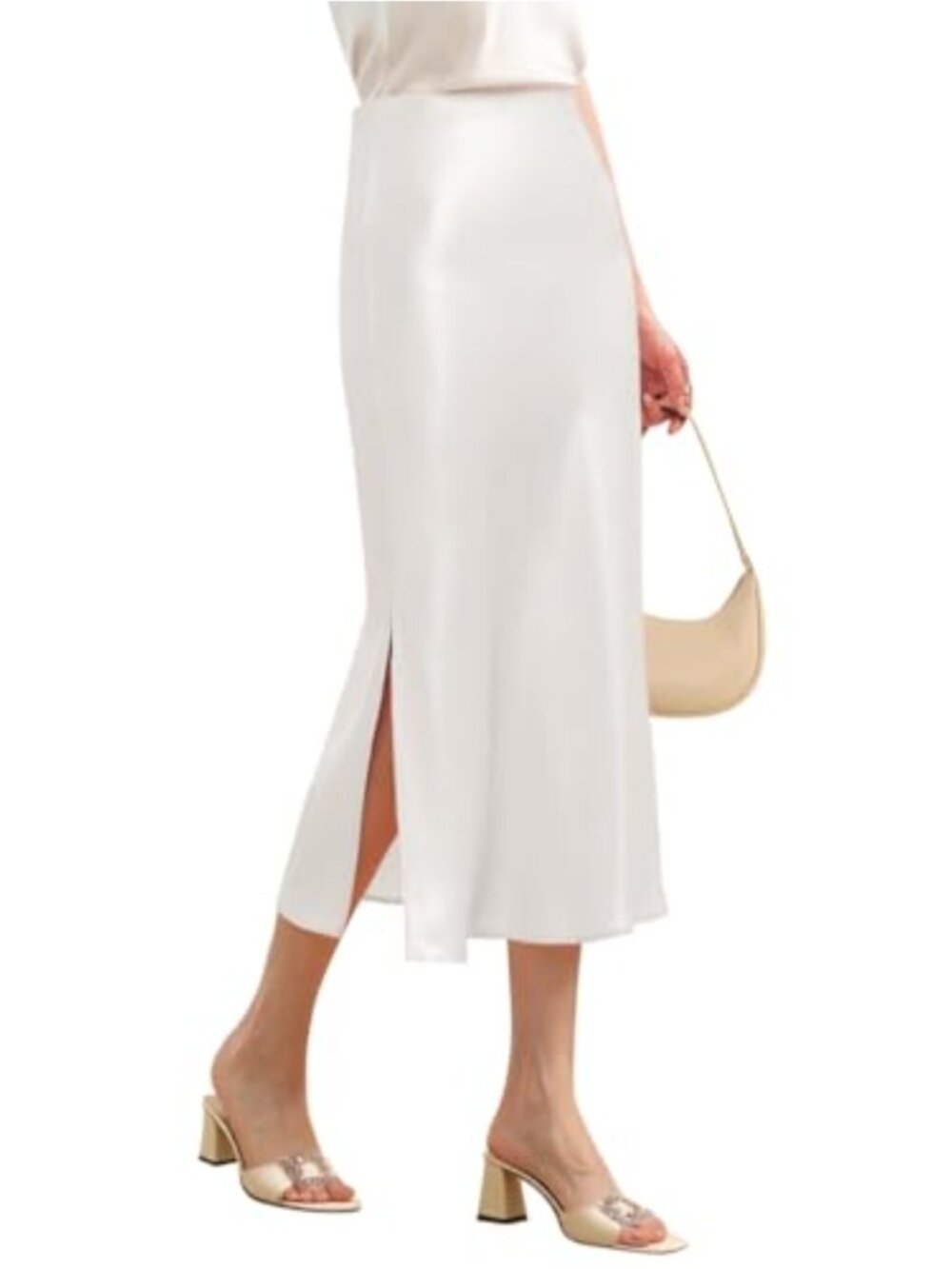 Women's Satin A-Line Midi Skirt Side Slit Elastic Waistband Size